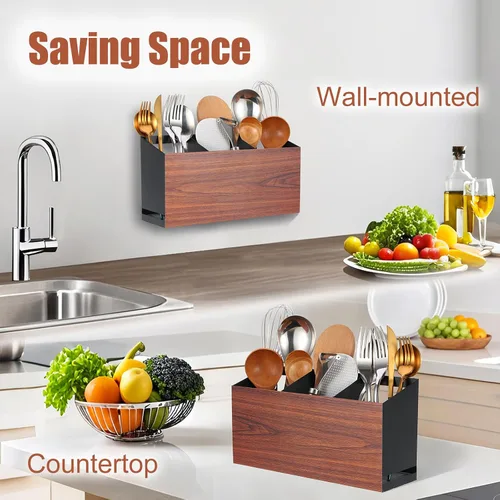 Miniatura 5 de Organizador de Utensilios Grande de Hierro con 3 Compartimentos para Encimera o Pared, Almacenamiento de Utensilios de Cocina (Negro)