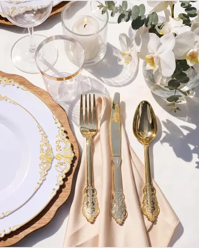 Miniatura 4 de Nervure - 150 piezas de platos de plástico negro transparente con borde dorado y cubiertos de plástico dorado, desechables, para boda, fiesta