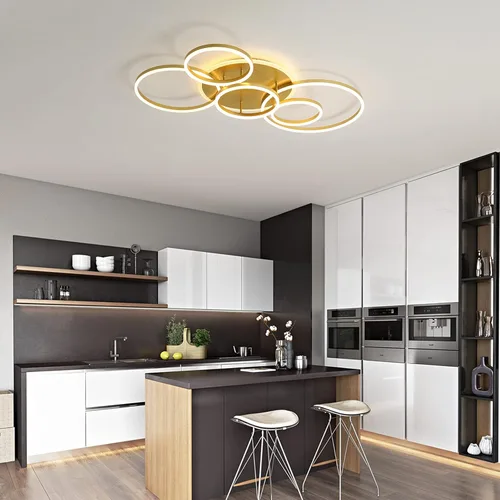 Miniatura 6 de Lámpara de techo LED moderna de 106 W, regulable, lámpara de techo acrílica LED con control remoto, 6 anillos, luz de techo de montaje al ras, Dorado