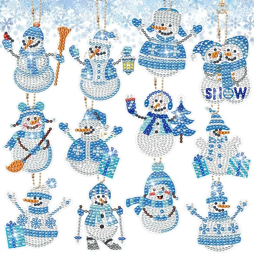 12 llaveros de pintura de diamante de muñeco de nieve, colgantes de arte de diamantes de doble cara de taladro completo de diamantes 5D, kits de