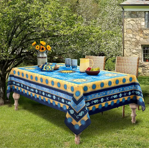 Miniatura 6 de Home Bargains Plus Mantel rectangular de tela mediterránea con sol azul de 60 x 120 pulgadas, diseño de borde de medallón costero, resistente a