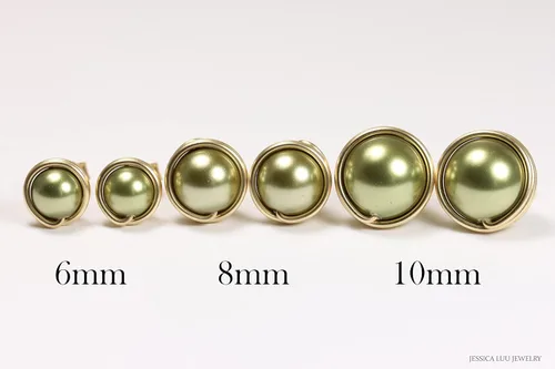 Miniatura 7 de Jessica Luu Jewelry Pendientes de perlas de oro verde oliva 0.236-0.394 in hechos a mano