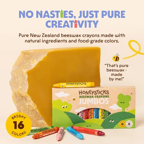 Miniatura 2 de Honeysticks Crayones Jumbo (16 unidades) - Crayones no tóxicos - 100% pura cera de abejas y colores de grado alimenticio - 16 colores brillantes