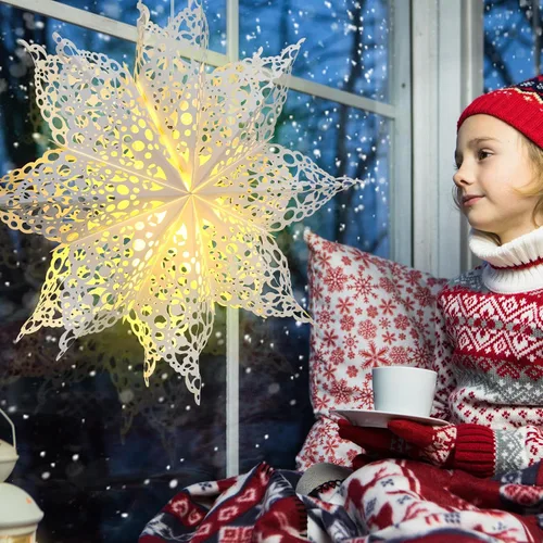 Miniatura 3 de Mudder 10 piezas de linterna de papel copo de nieve, linterna de papel estrella con 14 luces LED, lámpara de papel, decoración colgante de fiesta