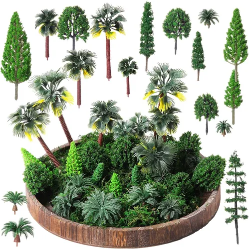 Miniatura 8 de Tigeen 28 piezas de árboles modelo mixto con 1.4 onzas de musgo verde sintético, decoración de tren de árbol, arquitectura de paisaje