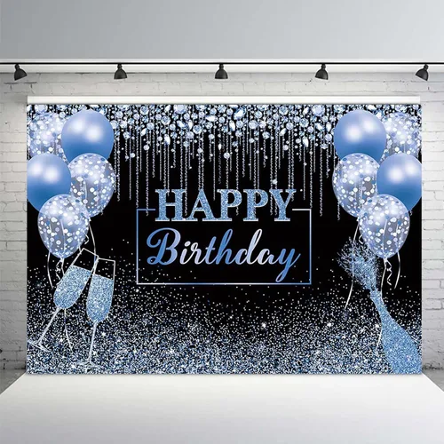 Miniatura 2 de MEHOFOND Telón de fondo de feliz cumpleaños, globo de diamante con purpurina negra y azul, fondo de fotografía, color negro y azul brillante