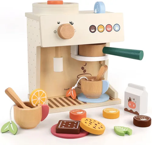 PairPear Juego de simulación de cafetera de espresso de madera 18 piezas Set de barista con cápsulas, tazas y galletas, accesorio de cocina