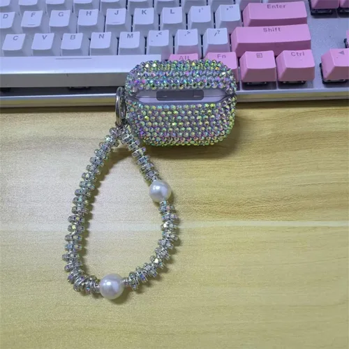 Miniatura 7 de Funda con diseño de diamantes de imitación brillantes con láser para AirPods Pro 2 con pulsera, bonita funda para auriculares con purpurina