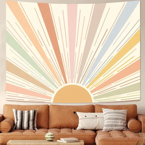 Miniatura 2 de Kanuyee Tapiz de Sol bohemio para colgar en la pared, diseño retro de los años 70, diseño abstracto a rayas, estético, amanecer, vintage