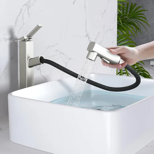 MIAOHUI Grifo de Lavabo de Vasija con Rociador Extraíble, Grifo Alto de Lavabo de Baño de 3 Modos de Rociado, Grifos Altos de Baño para Lavabo de 1
