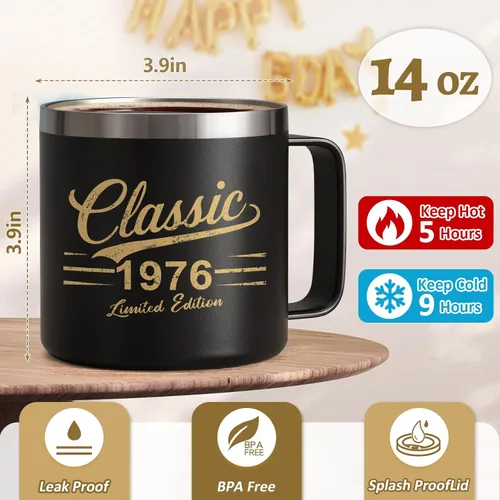 Miniatura 4 de Qtencas Regalos de cumpleaños número 50 para él, taza de café aislada clásica de 1976 con tapa y pajilla, ideas de regalo de cumpleaños