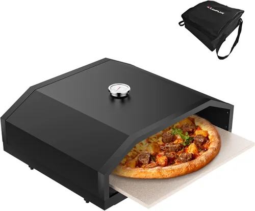 CAMPLUX Horno de pizza de 17 pulgadas para parrilla con bolsa de almacenamiento y piedra de cordierita de 14.8 x 13 pulgadas, termómetro integrado