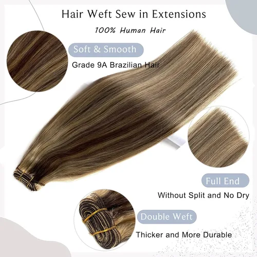 Miniatura 3 de Extensiones de cabello humano real, balayage, color castaño ceniza a rubio miel, extensiones de cabello humano con reflejos, 14 pulgadas, 2.82 oz