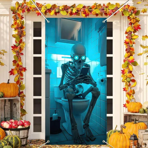 Miniatura 2 de BlissYard Cubierta de puerta de Halloween de 71 x 35 pulgadas, divertido esqueleto en la puerta del inodoro, decoración de ojos brillantes, escena