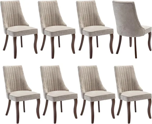 Juego de 8 sillas de comedor, sillas de cocina con canales de lino con patas curvadas de madera maciza, silla de comedor tapizada de tela cómoda