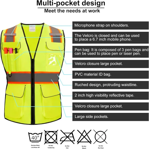 Miniatura 3 de Chaleco de seguridad reflectante Hi Vis, clase 2, con 7 bolsillos y cremallera, cumple con las normas ANSI/ISEA