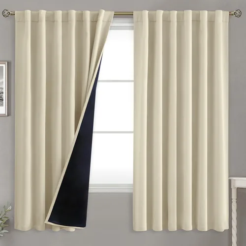 Miniatura 170 de BGment Cortinas 100% opacas beige de 63 pulgadas de largo con forro aislante térmico, bolsillo para varilla y lengüeta trasera de doble capa