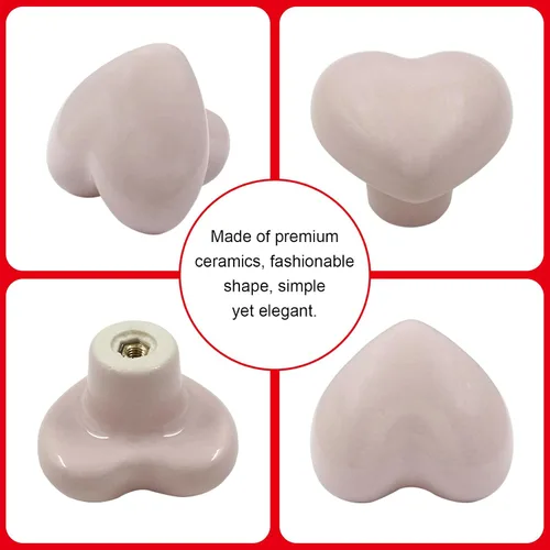 Miniatura 3 de Paquete de 6 pomos de cerámica rosa para gabinetes, pomos de cajón en forma de corazón para armarios de cocina y aparadores, manijas decorativas