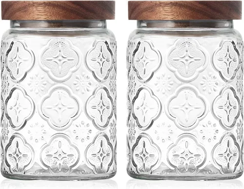 Tarro de vidrio vintage con tapa de madera, recipientes herméticos de Navidad para encimera de cocina, baño, almacenamiento de dulces, galletas,