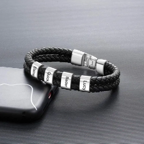 Miniatura 4 de Pulseras de cuero personalizadas para hombre, pulsera con nombre para papá, grabado gratuito, cuentas de nombre de familia, pulseras