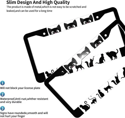 Miniatura 3 de Black White Cat License Plate Frame 2 Pack Cute Animal Cat Pattern Car Tag Holder with Screws Caps Aluminum Metal 12.3 x 6.3 Inch 2 Holes Design