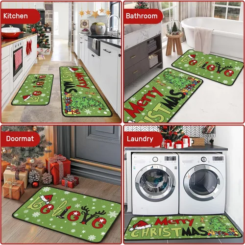 Miniatura 6 de Juego de 2 alfombras de cocina de Feliz Navidad, tapetes de cocina del Grinch para el suelo, decoración de cocina de Navidad, decoraciones festivas
