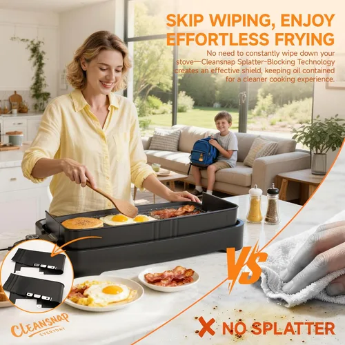 Miniatura 4 de Cleansnap Everyday - Parrilla eléctrica antiadherente de 20 pulgadas con escudo plegable antisuciedad, calentamiento rápido de 1700 W, revestimiento
