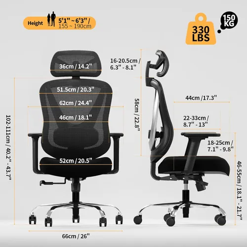 Miniatura 2 de HOLLUDLE Silla de oficina ergonómica de malla, soporte lumbar ajustable 3D y reposabrazos 3D, respaldo en forma de V, silla de escritorio ajustable