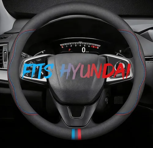 Miniatura 40 de Funda de cuero para volante de automóvil, transpirable, perforada con láser, líneas dobles negras puras, textura premium, 14.5-15 pulgadas
