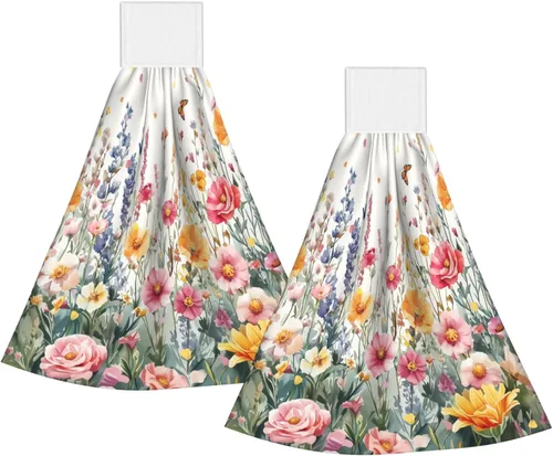 Miniatura 8 de Giwawa Juego de 2 toallas de mano colgantes de diente de león verde azulado con lazo, diseño de flores rústicas, suaves, de secado rápido
