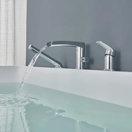 Miniatura 4 de Wowkk Grifo de Cascada para Bañera Romana Grifo de Montaje en Cubierta Cromado Grifos de Bañera Relleno de Latón Grifos de Baño con Ducha de Mano