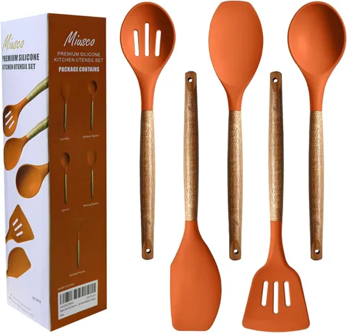 Miniatura 10 de Juego de utensilios de cocina, juego de utensilios de cocina de silicona, espátula de silicona antiadherente con mango de madera dura de acacia Gris