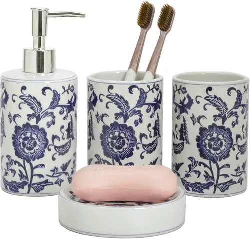 Miniatura 4 de Juego de accesorios de baño de coral azul, porcelana, decoración de baño costero, dispensador de jabón, soporte para cepillo de dientes, bandeja