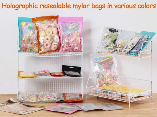 Miniatura 9 de Paquete de 150 bolsas holográficas de Mylar de 5 x 8 pulgadas con ventana transparente, pequeñas bolsas de papel de aluminio resellables