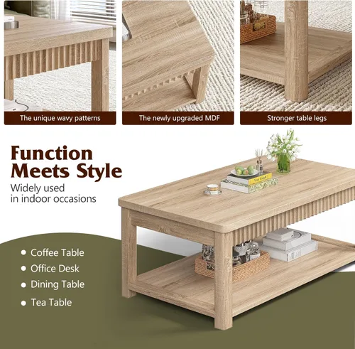 Miniatura 4 de Homkdom Mesa de café, mesas de café modernas de 39 pulgadas para sala de estar con almacenamiento de 2 niveles y borde ondulado, mesa central