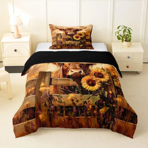 Miniatura 36 de Juego de ropa de cama de vaca de las tierras altas, edredón de ganado de las tierras altas, juego de edredón rosa floral de vaca occidental, juego