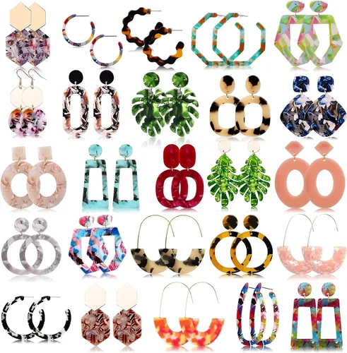FIFATA Juego de 25 pares de aretes de resina acrílica para mujeres y niñas, aro moteado, joyería colgante de gota hipoalergénica para orejas
