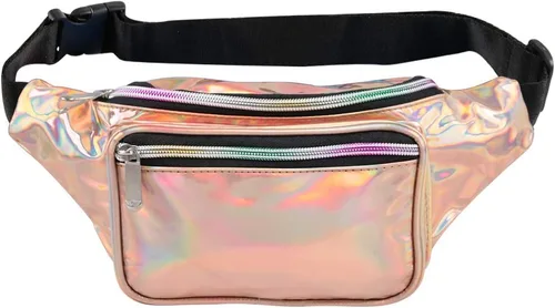 Riñonera holográfica: bolsa de cintura rave de moda con cinturón ajustable para mujeres y hombres, Oro rosa holográfico., talla única