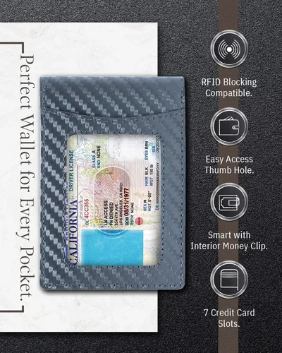 Miniatura 3 de Billeteras de cuero real para hombre - Billetera plegable con clip de dinero, bolsillo frontal RFID, delgada, minimalista, para hombre, tarjetero