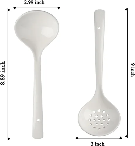 Miniatura 2 de Juego de 2 cucharones de cerámica con cucharón grande para sopa con espumadera, cucharones ranurados, cucharones de cocina, cucharas coladoras