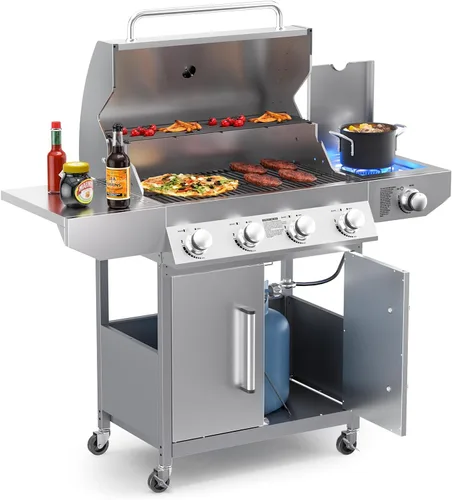 Miniatura 12 de SKOK Parrilla de gas propano de 4 quemadores con quemadores laterales y traseros infrarrojos, parrilla de barbacoa al aire libre con rejillas