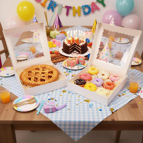 Miniatura 7 de Moretoes 25 cajas para tartas, cajas de panadería blancas de 12 x 12 x 2.5 pulgadas con ventana, cajas de galletas emergentes automáticas
