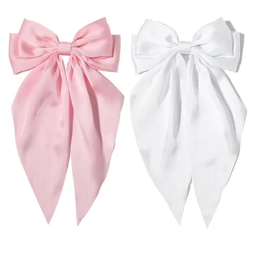 Miniatura 11 de Furling Pompoms Pinza para el Cabello Lazos para el Cabello, 2 piezas Lazos Grandes de Satén Beige/Negro para Mujeres y Niñas, Pasadores