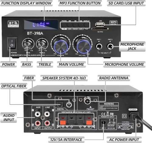 Miniatura 2 de Joengoep BT-398A Amplificador de Audio Estéreo, Receptor para Altavoces Max 900W, Receptor Estéreo de 2.0 Canales con Radio FM, Entradas USB/SD/AUX