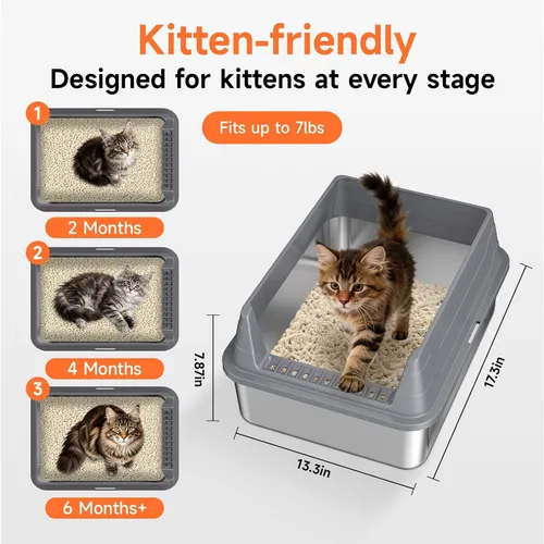 Miniatura 2 de Caja de arena de acero inoxidable para gatos, caja de arena de metal sin olor con tapa de lados altos, bandeja de arena de entrada baja con parte