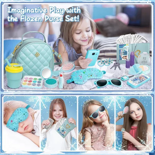 Miniatura 4 de Hohosunlar Bolsa de juego para regalo de niña pequeña, bolso con accesorios – maquillaje falso, juguetes de princesa Elsa, bolso, cartera, teléfono