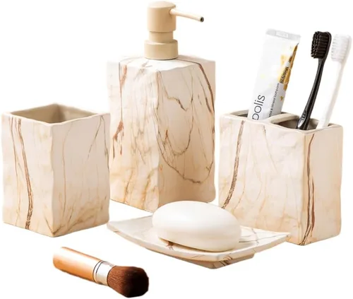 Miniatura 19 de RQYIXI - Juego de accesorios de baño de 4 piezas, soporte para cepillo de dientes, dispensador de jabón, decoración de baño de cerámica y madera