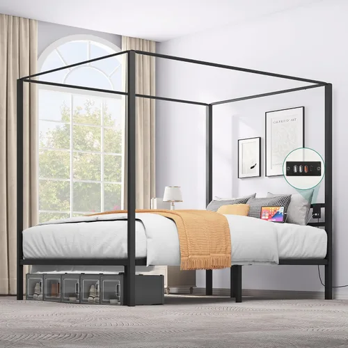 Miniatura 11 de YITAHOME Marco de cama de metal con dosel de cuatro pósteres, plataforma de cama de 14 pulgadas con cabecera incorporada, soporte de colchón