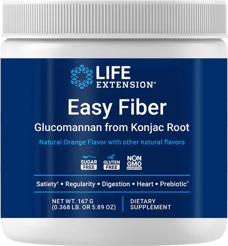 Life Extension Easy Fiber - Fibra de glucomanano, regularidad, digestión, salud cardíaca, sin edulcorantes artificiales, vegetariano, sin OMG, sin