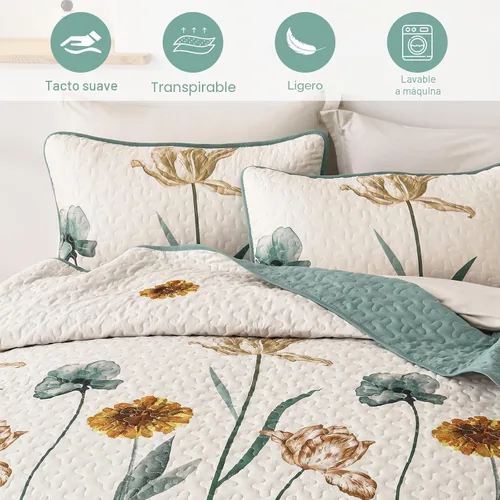 Miniatura 4 de WONGS BEDDING - Juego de edredón floral tamaño Queen, edredón botánico verde y amarillo con 2 fundas de almohada, juego de ropa de cama ligera